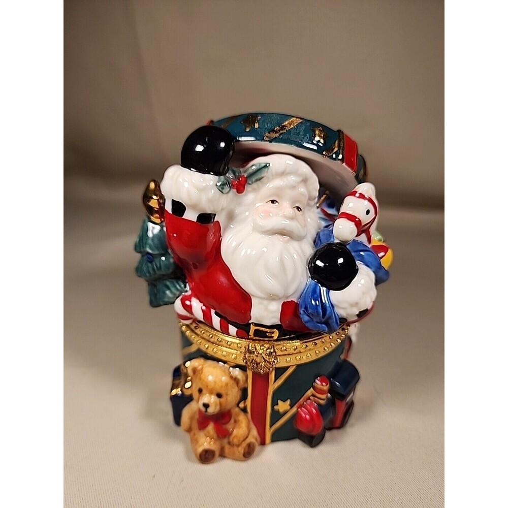 Christmas Trinket Box Santa With Toys Ceramic Porcelain Presents Bear Train